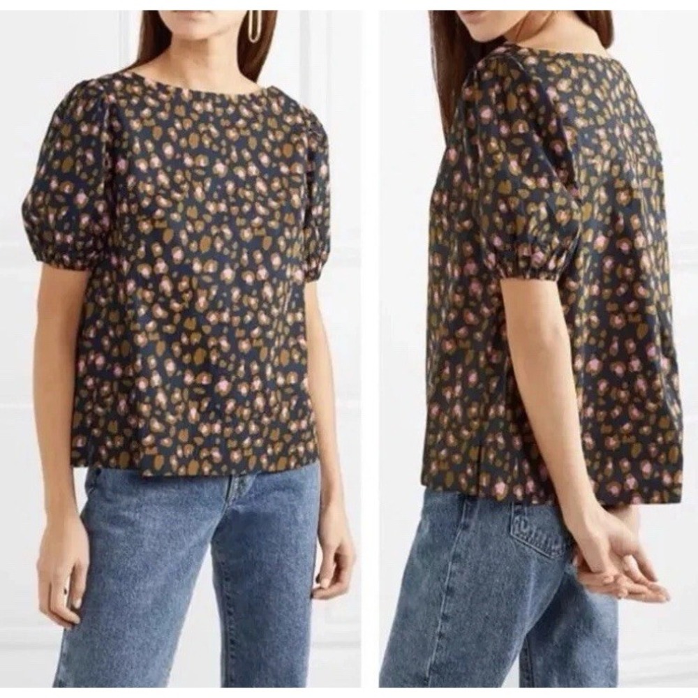 J Crew Snow Leopard Animal Print Cotton Puff Sleeve Top Navy Pink XS